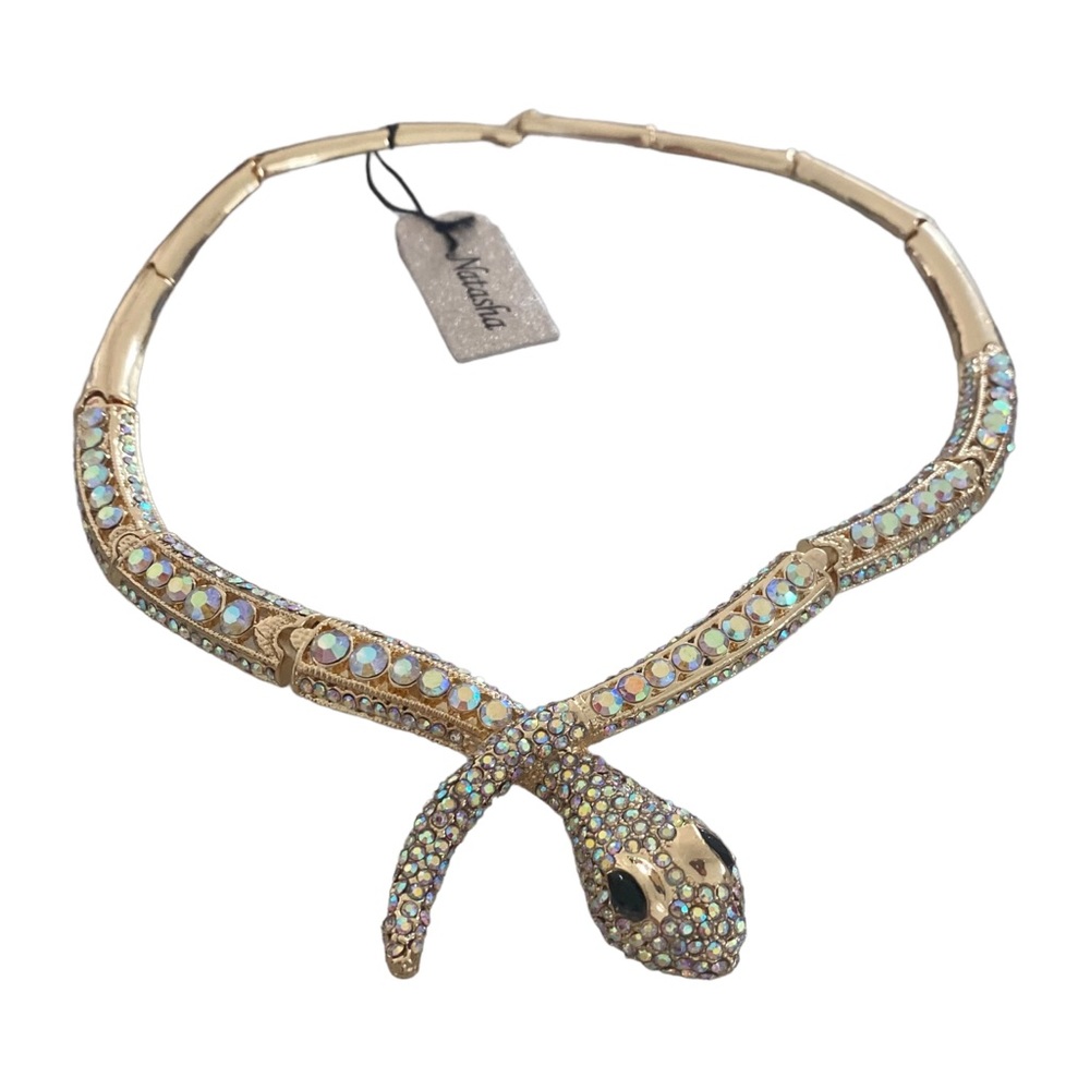 Nwt Natasha Snake Collar Gold Tone Necklace With Aurora Borealis Rhinestones 49$
